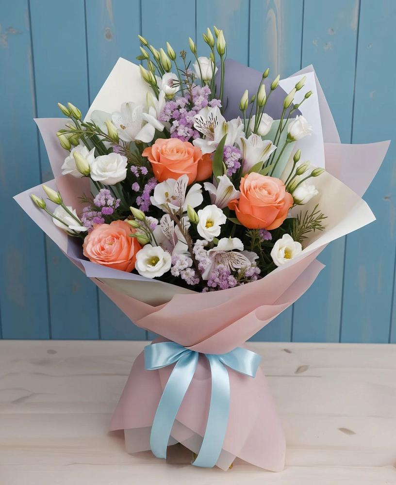 Букет цветов из: Лизиантусы, Розы, Альстромерии и Гипсофила в Карабаше